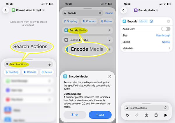 Add Encode Media Action in Shortcut