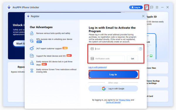 Anymp4 iPhone Unloker Log in