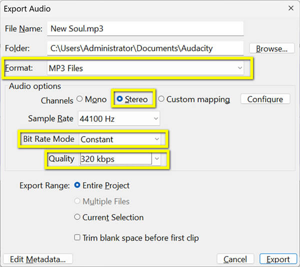 Audacity Export Audio Settings