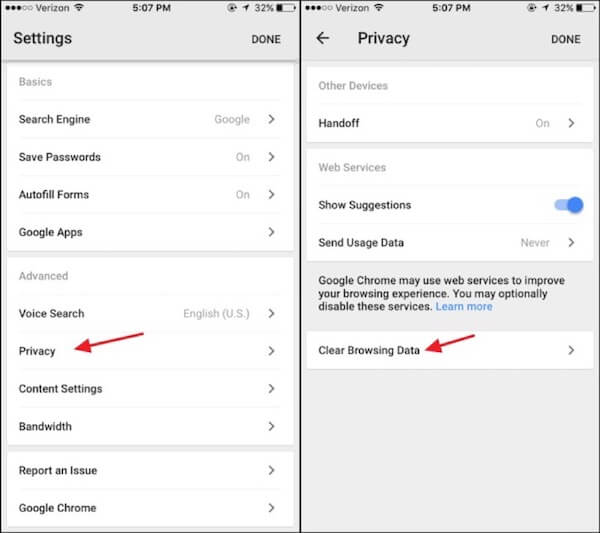 Chrome settings iphone
