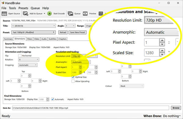 Handbrake Dimension Tab Compression Settings