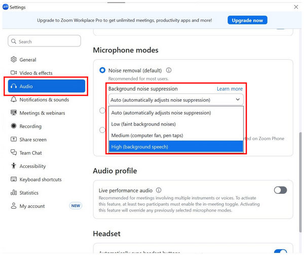 Zoom Background Noise Settings